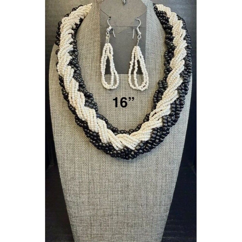 42. Braided Black and White Seed Bead Statement Set